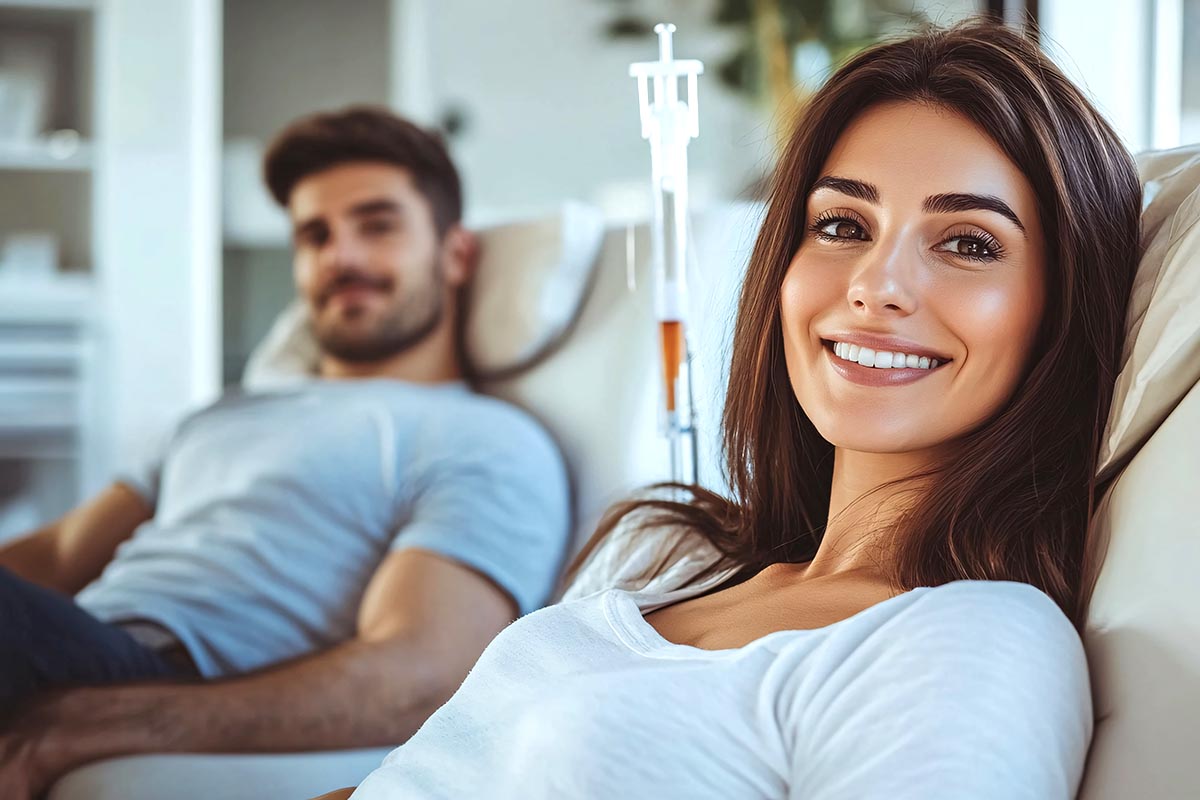 Young woman is smiling while receiving a treatment with an iv drip at a clinic