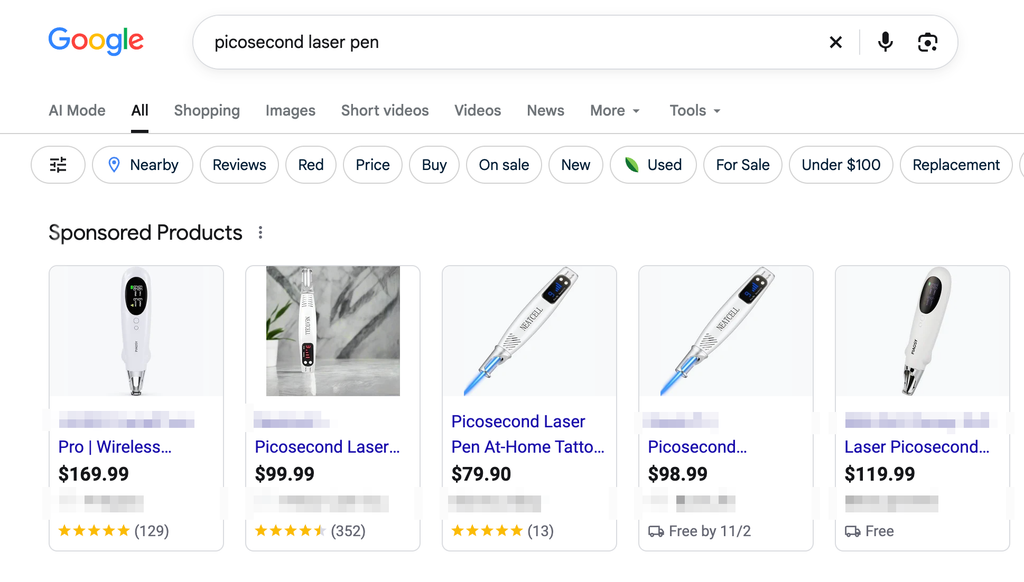 google search for picosecond laser pens returns devices claiming to work for at-home tattoo removal